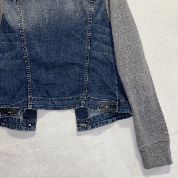 John Eshaya JET Blue Denim Gray Knit Sleeve Jean Jacket Women's Size M/L - Picture 12 of 15